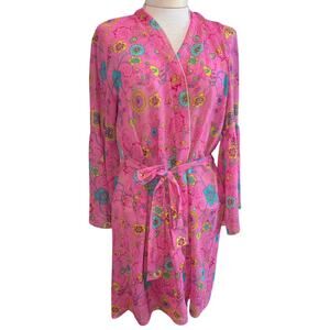 Womens Kimono Wrap Robe Sz S Josie Boho Floral with Sash Belt Pink Green Yellow